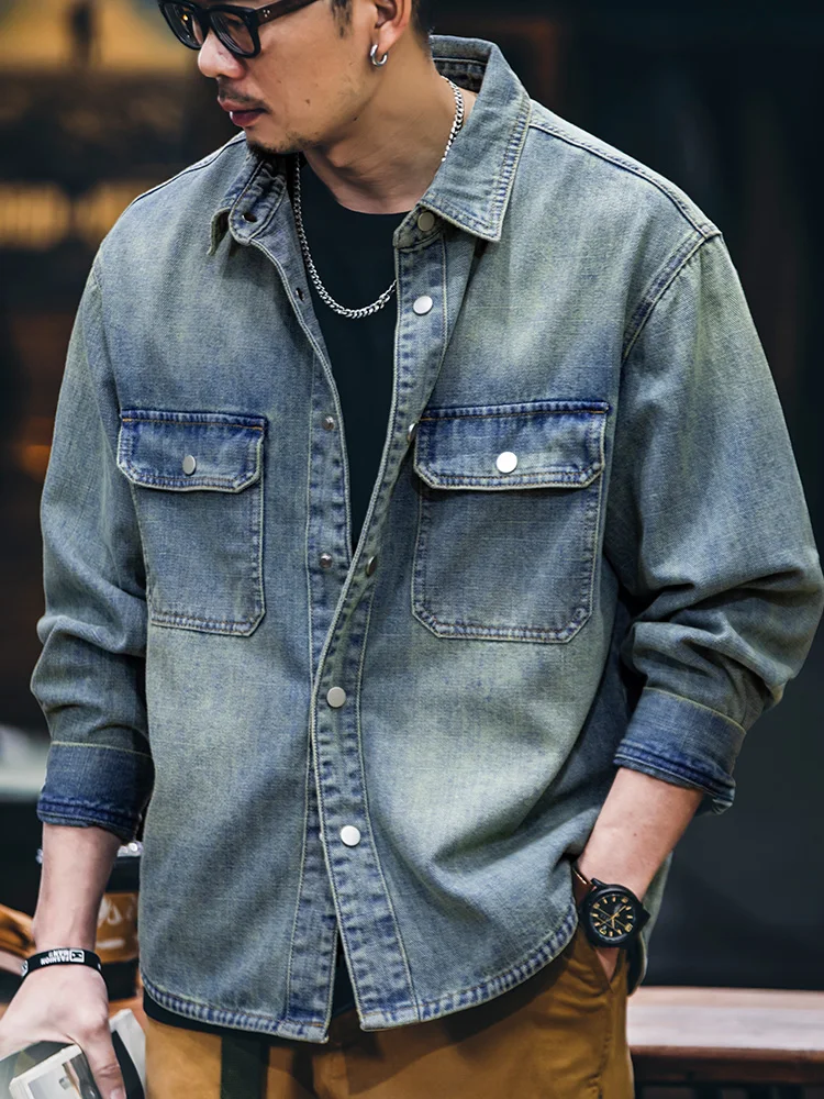 American Washed Gradient Denim Shirt Men's Spring Autumn New Large Size Trendy Loose Retro Long Sleeve Shirt Jacket