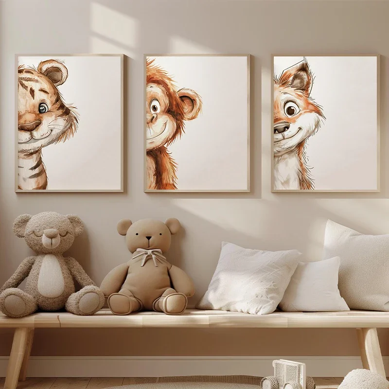 Canvas Painting Cute Animals Elephant Bear Lion Monkey Tiger Fox Watercolor Posters Wall Art Picture For KidRoom Wall Decor