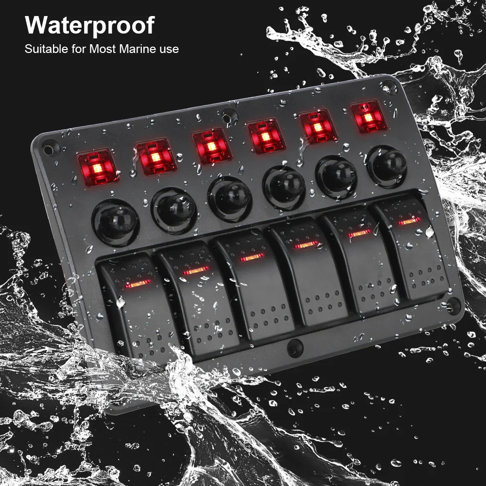 Painel de interruptor do carro impermeável, controle de circuito com adesivo, 6 Gang Marine Rocker, luz LED, 12-24V
