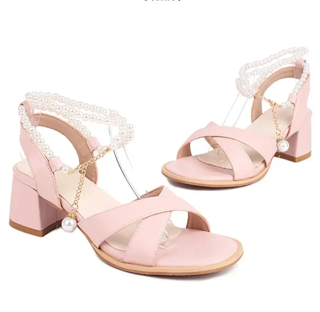 

Summer New Styles Fashion Exposed Toe High-heeled Women's Sandals Pink Sweet Pearl Thick Heel Women Sandals Size 30-46 High 5cm