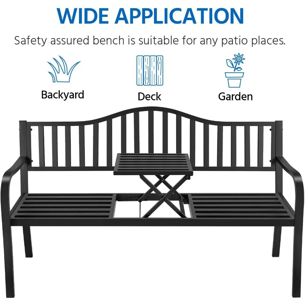 Outdoor Tuinbank W/Uittrekbare Middelste Tafel, Metalen Terrasbank, Voorportiekbank Voor Achtertuin, Weerbestendige Fram