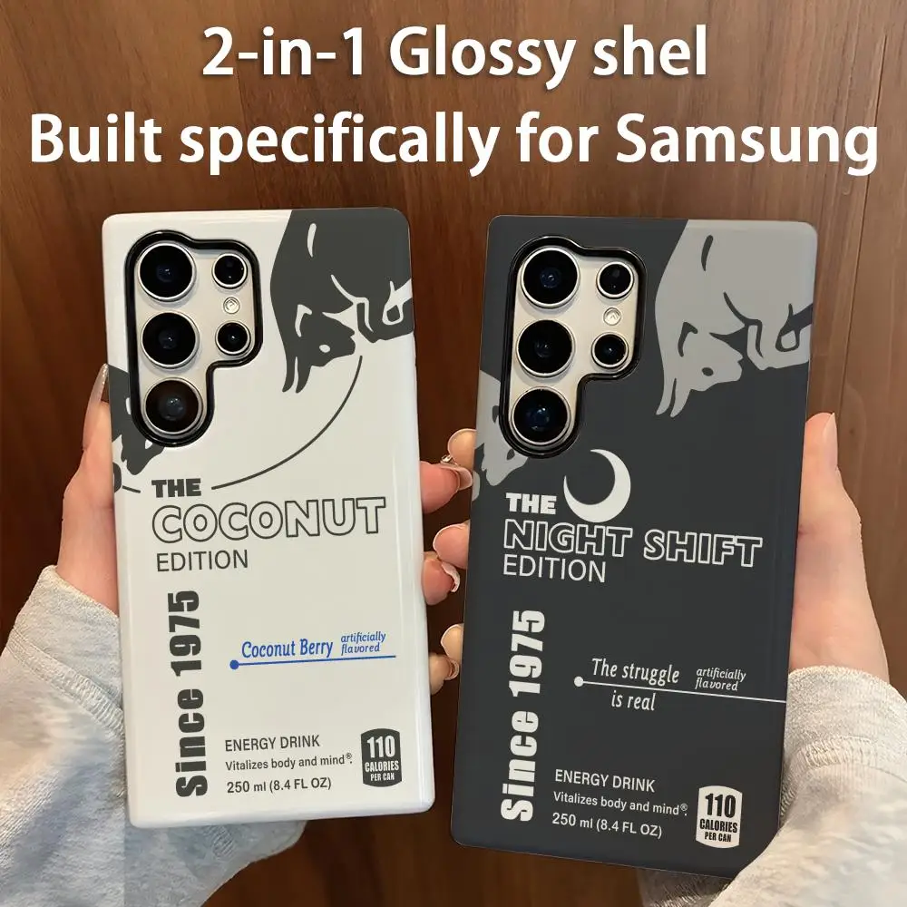Funda de teléfono 2 en 1, carcasa brillante, nuevo diseño elegante de bebida de toro para Samsung Galaxy S25 S24 S23 S22 S21 Plus Ultra