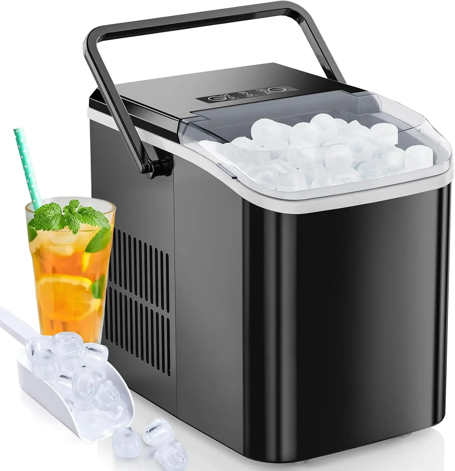 

Efficient Countertop Self-Cleaning Ice Maker Machine Produces 9 Cubes in 6 Mins, 26.5lbs/24Hrs, Includes Ice Scoop, Basket, and