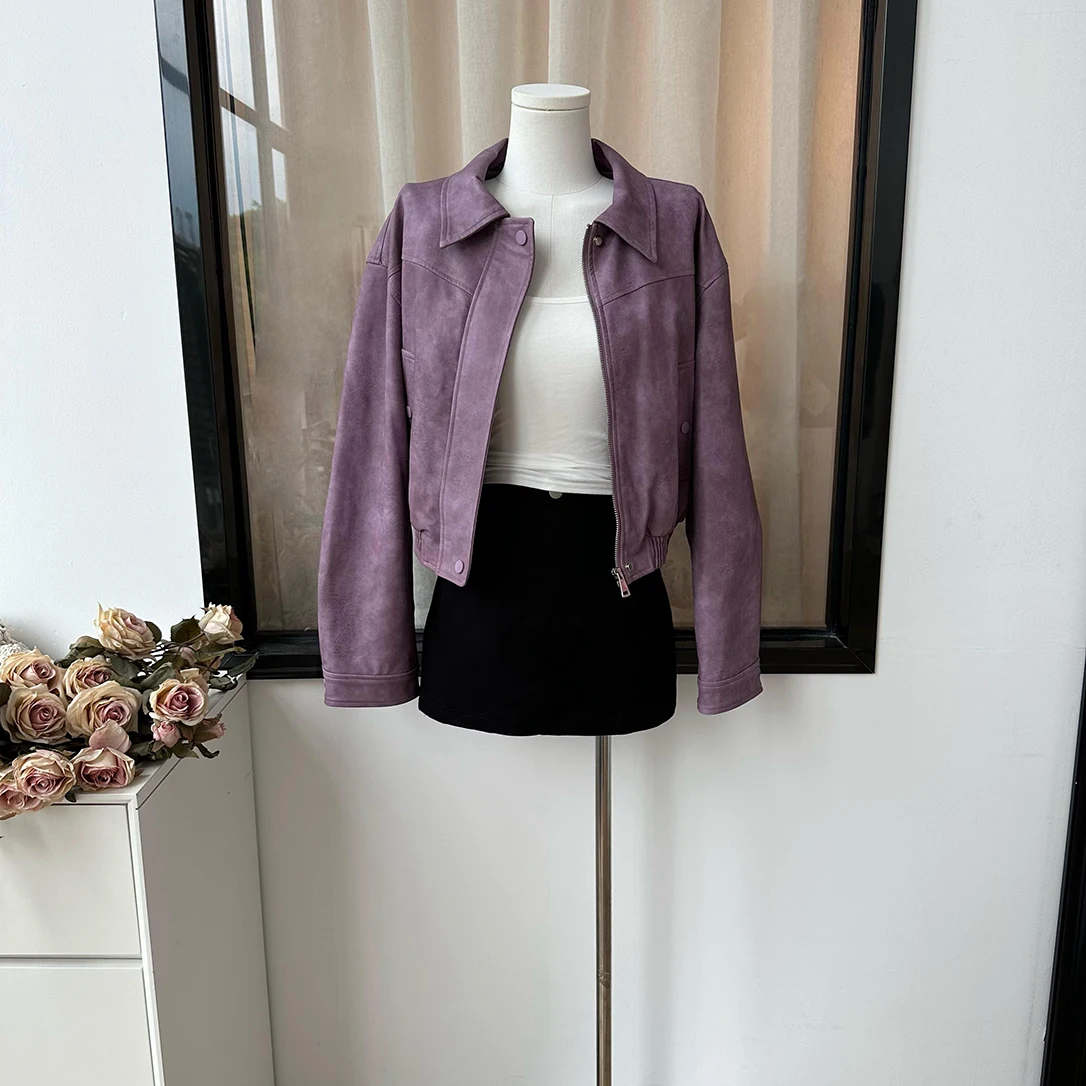 Women's Chic Autumn Winter Streetwear Long Sleeve Pu Leather Jacket Lady Zipper Turn Down Collar Loose Faux Leather Outwear Top