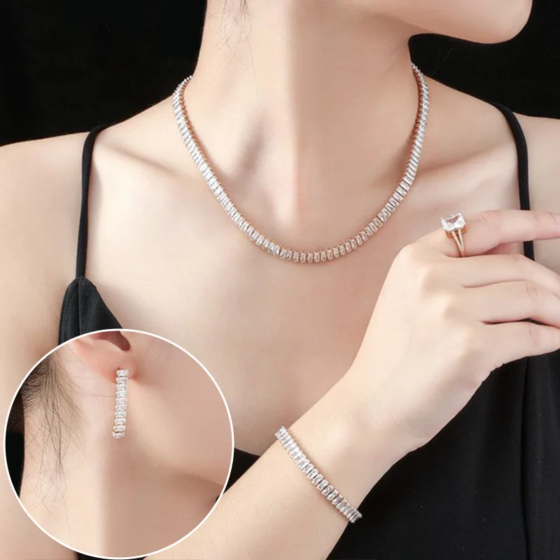 New Instagram Zircon Necklace Earring Set Bracelet Ring Wedding Jewelry