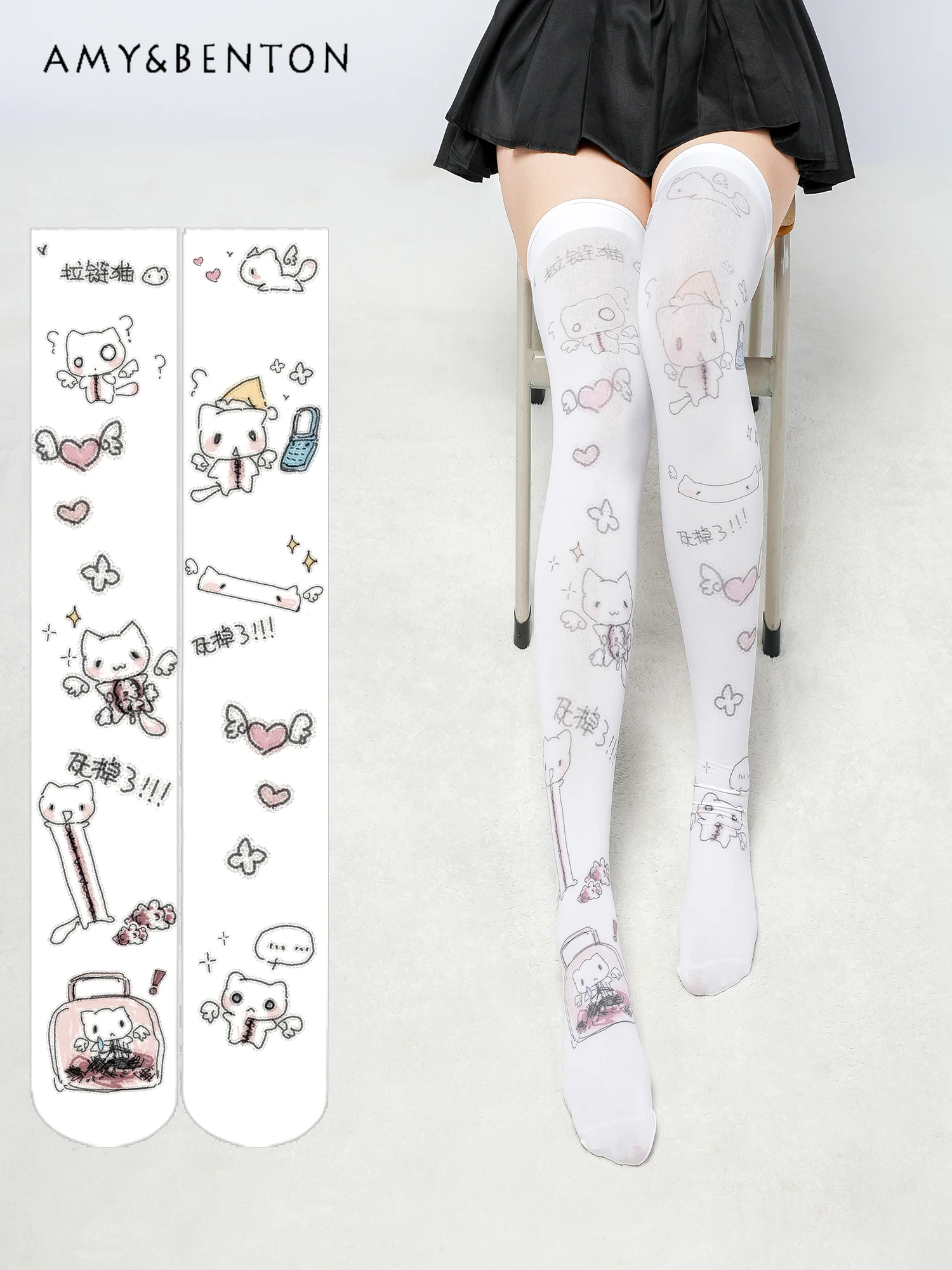 Subculture Kawaii Cartoon Anime Printed Thigh High Stockings Harajuku Gothic Knee High Socks Velvet Long Socks Cute Stockings