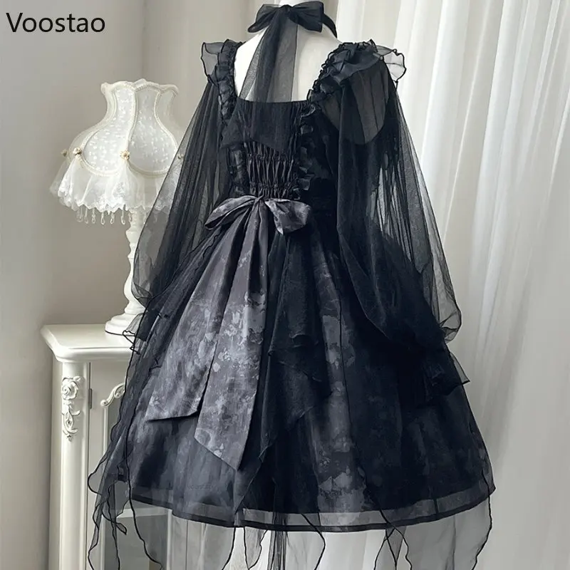 Japanischen Viktorianischen Gothic Lolita OP Kleid Vintage Mädchen Süße Bogen Elegante Prinzessin Urlaub Party Kleider Frauen Dark Y2k Kleid