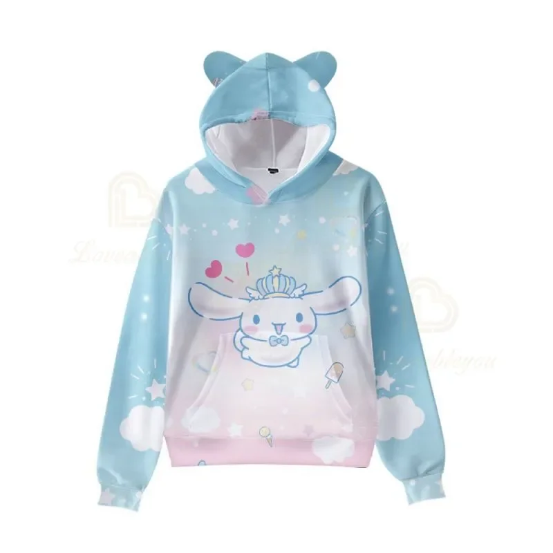 San Kawaii Women Men Long Sleeve Hoodies Cinnamoroll Pompom Purin Pullover Cute Cat Ear Hooded Sweatshirts Boys Girls