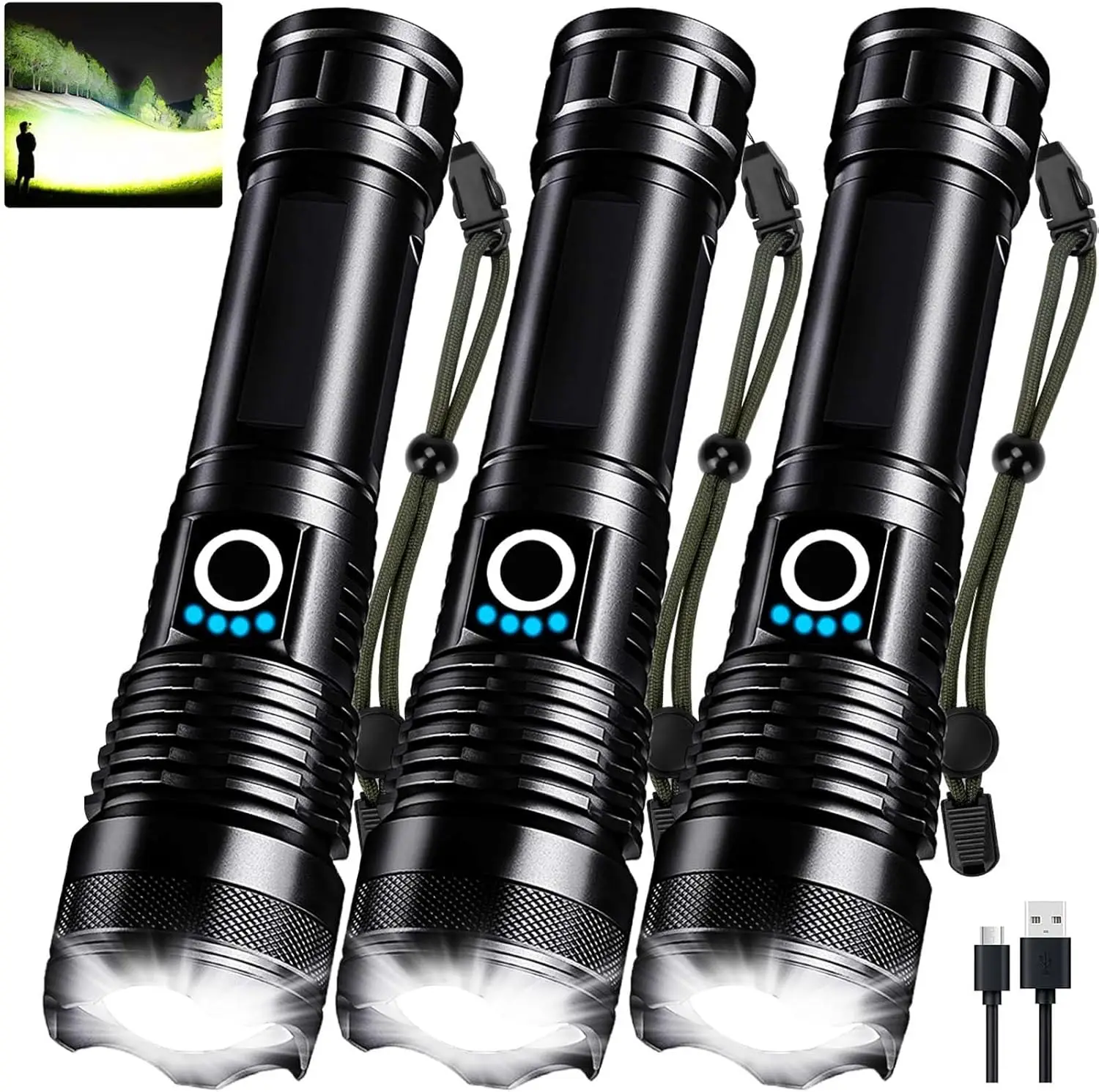 

3-Pack Rechargeable LED Flashlights, 90,000LM High Lumens, 5-Mode Waterproof Flashlight with USB Cable for Camping, Home, Emerge