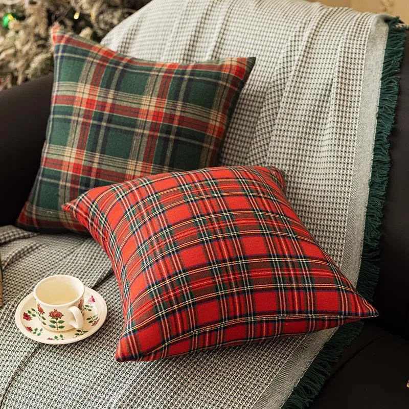 Housse de coussin décorative à carreaux de noël, taie d'oreiller carrée en Tartan écossais pour ferme et maison