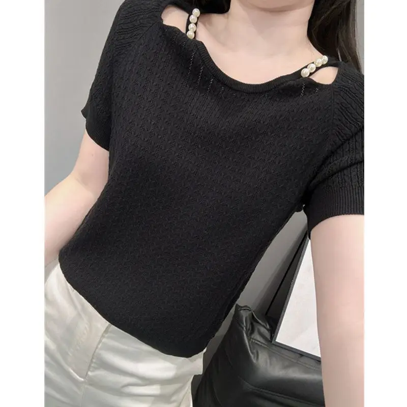 Mujer verano simplicidad Oficina señora Color sólido cuello redondo manga corta prendas de punto finas Tops señoras moda temperamento Casual Tops