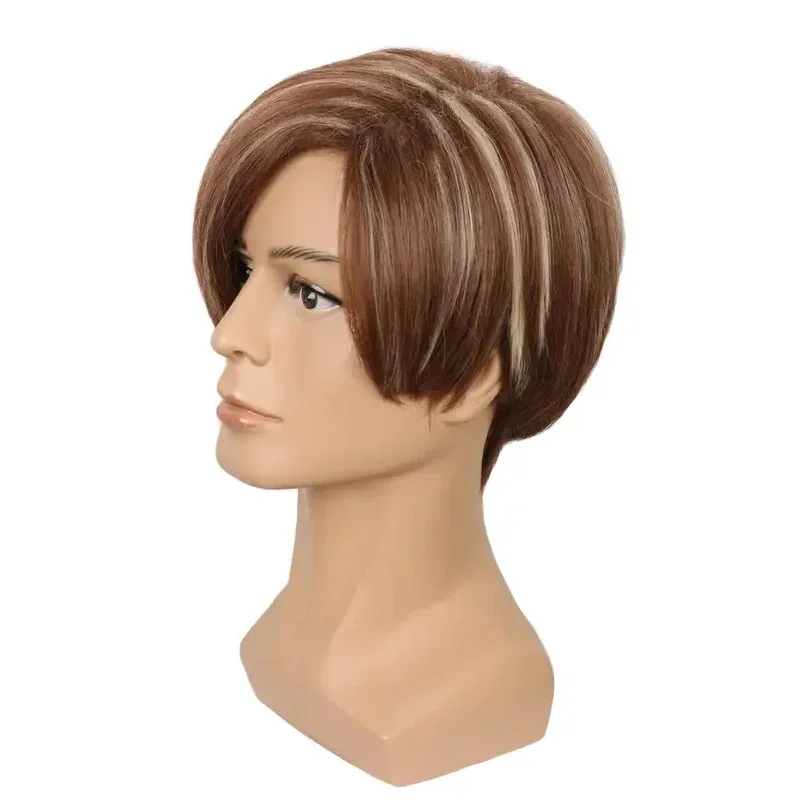 فيلم Biohazard ليون سكوت كينيدي قصير اللون البني يسلط الضوء على غرار مقاومة للحرارة الشعر تأثيري حلي شعر مستعار غطاء مجاني MN1