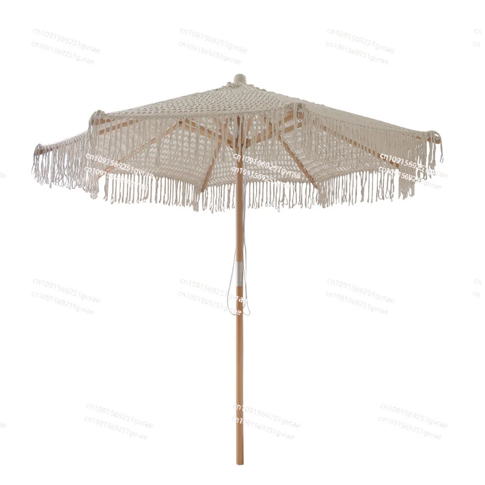 Bohemia Cotton Rope Parasols 2.5M Wooden Pole Handmade Tassels Woven Canopy Beach Umbrella With Macrame Fringe