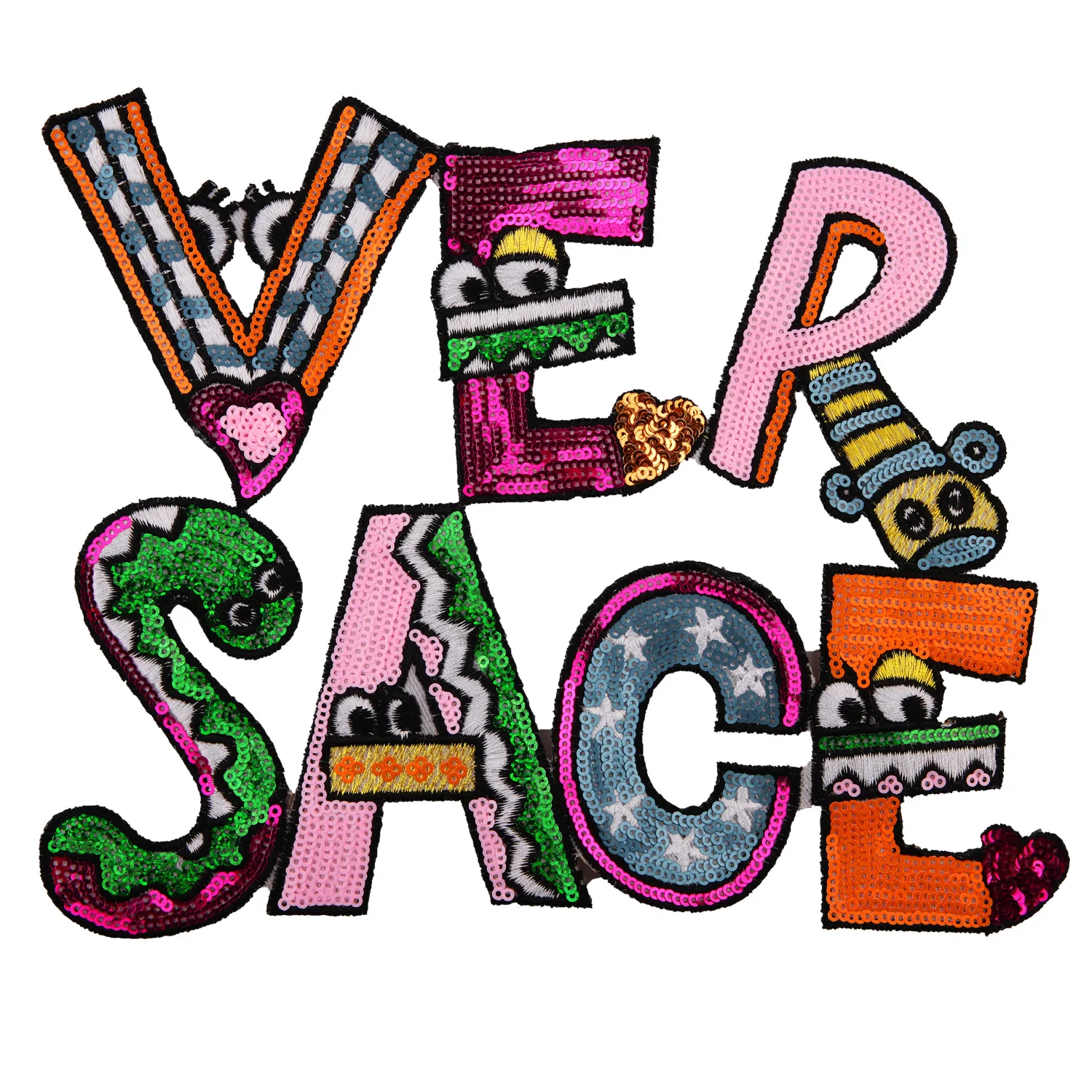 Iron on Color Letters VER-SACE Sequins Patches for Clothing Woman's T Shirt Applique Sew Girl Embroidered Patch Fabric Stickers