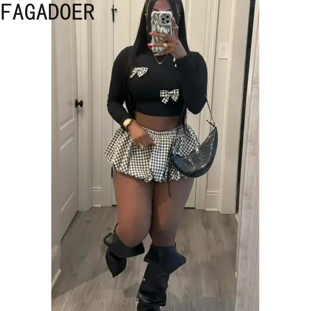 FAGADOER Zoete 2-delige sets Dames Outfit Lange mouwen Boog Patchwork Crop Top En Bubble Bladerdeeg Rok Past Mode Y2K Streetwear