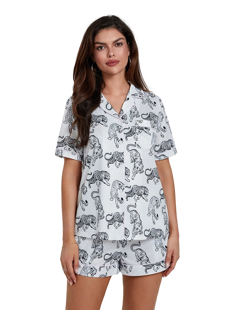 Vrouwen Tijger Pyjama Shorts Sets 2 Delige Outfit Korte Mouw Knoop Shirt Wijde Pijpen Shorts Pak Loungeset Nachtkleding