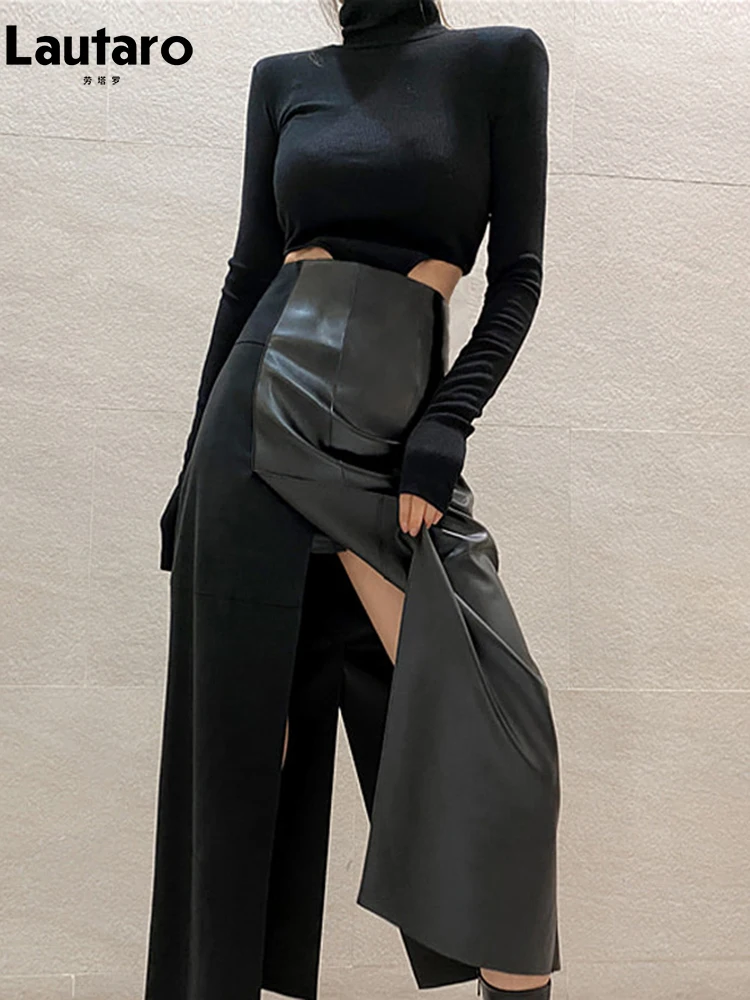 Lautaro Spring Autumn Long Sexy Patchwork Pu Leather Midi Skirt Women with Slit High Waist 2024 Luxury Designer Clothes Fashion