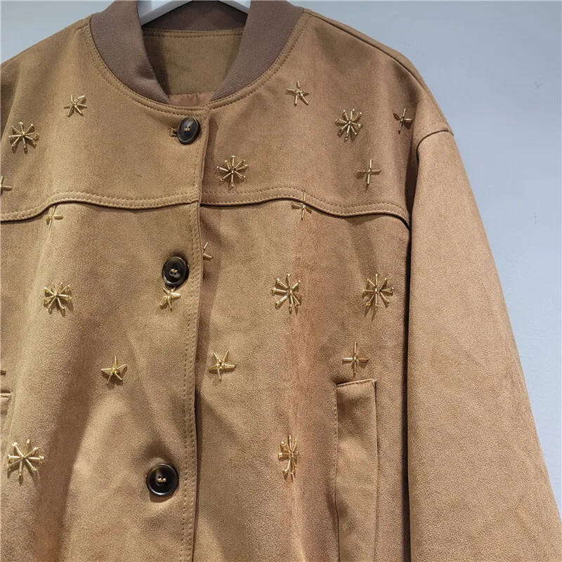 HKSH Autumn New Women Jacket Stand Collar Single Breasted Beaded Pockets Streetwear Stylish Vintage Fashion Casual Coats HK11551