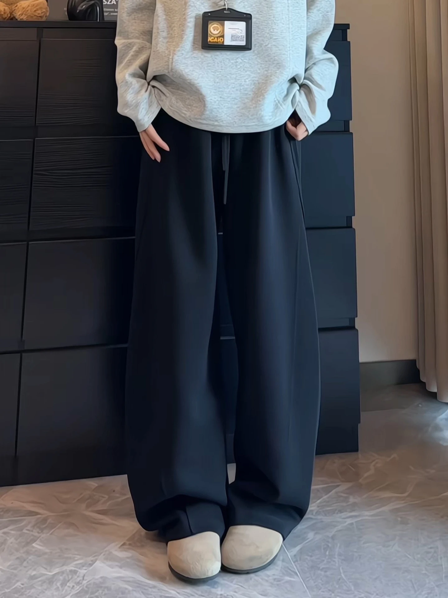 

Повседневные прямые брюки унисекс, широкие, струящиеся, черные, из плотной ткани, свободного кроя, прямые, длинные, для бизнес-кэжуал стиля