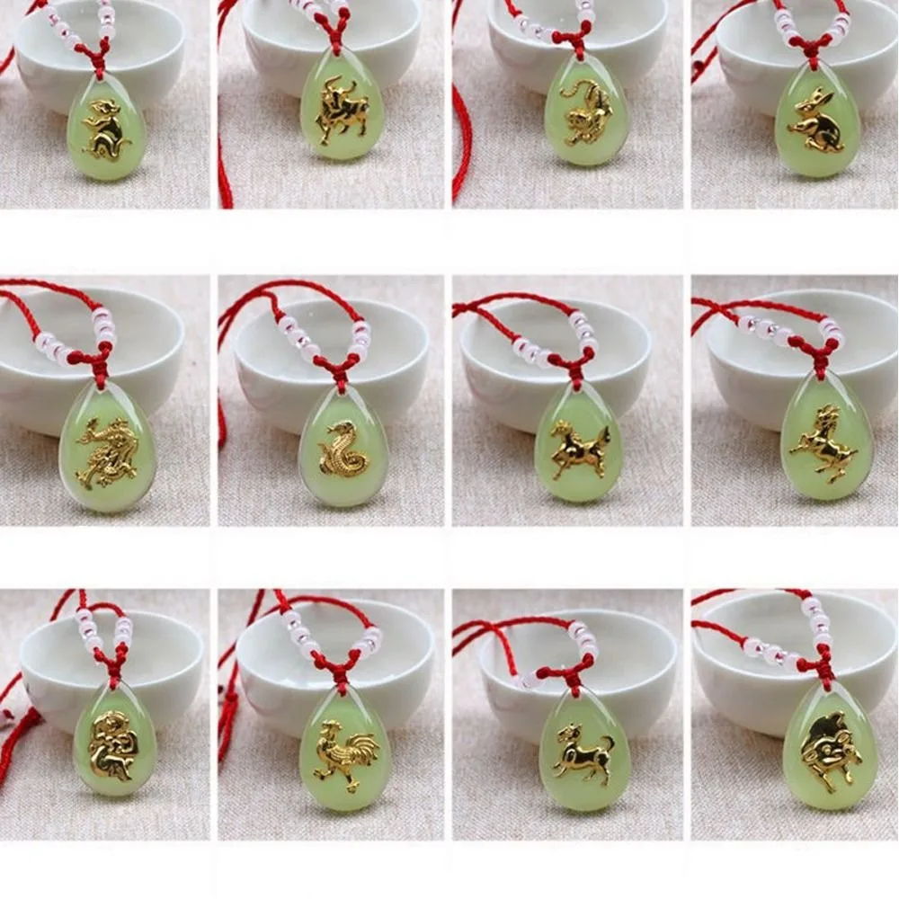 

Chinese Style 12 Zodiac Pendant Necklaces Luminous Crystal Animal Necklace Man Woman Adjustable Red Rope Chain Jewelry Gift