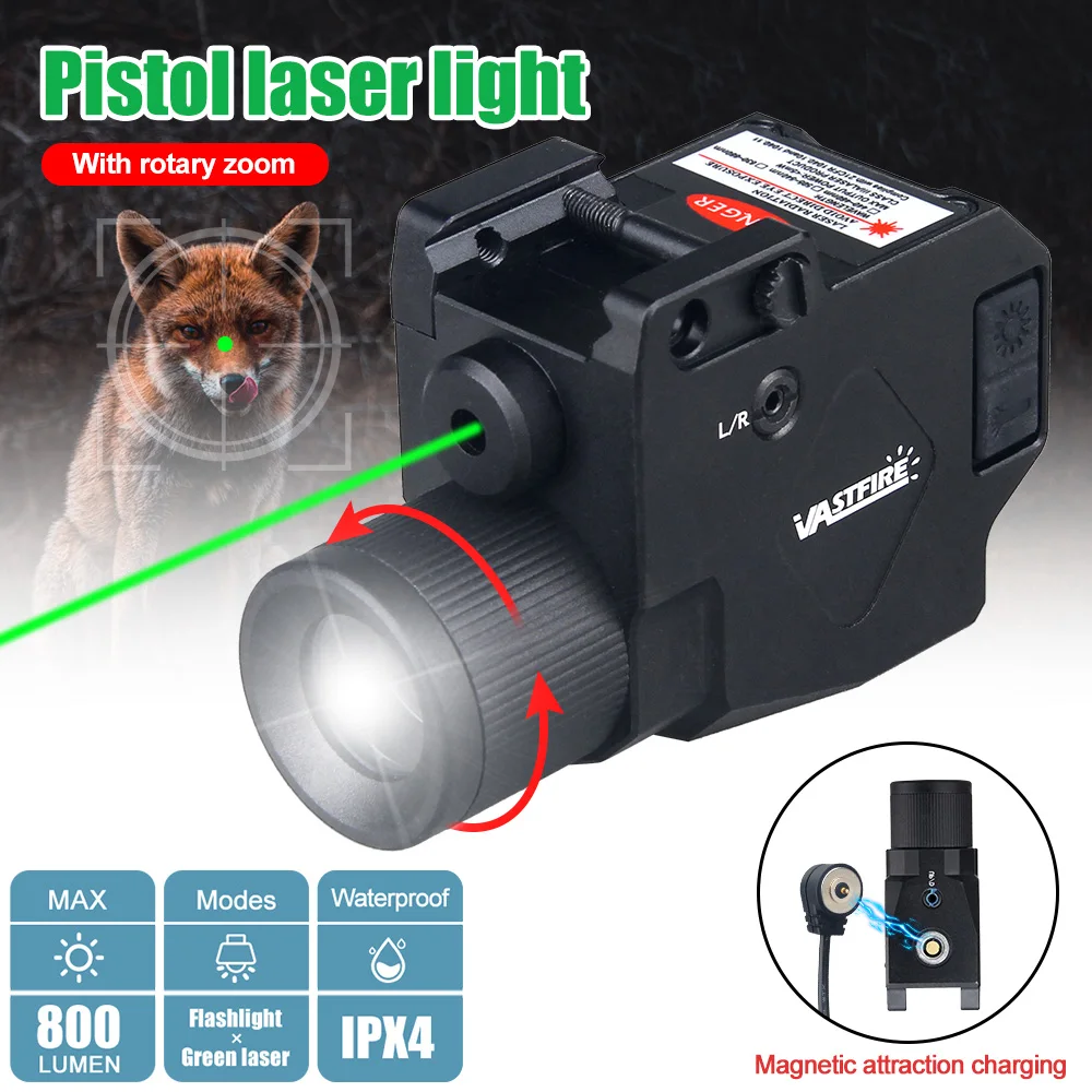 Tactical 800lm Weapon Gun Light Green Laser Combination Zoom USB Rechargeable Hunting Light Pistol Laser Light for Picatinny