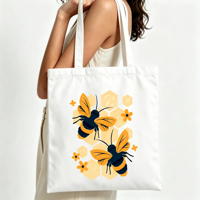 Women's bee and honeycomb print canvas tote bag, casual style for daily shopping and summer outings