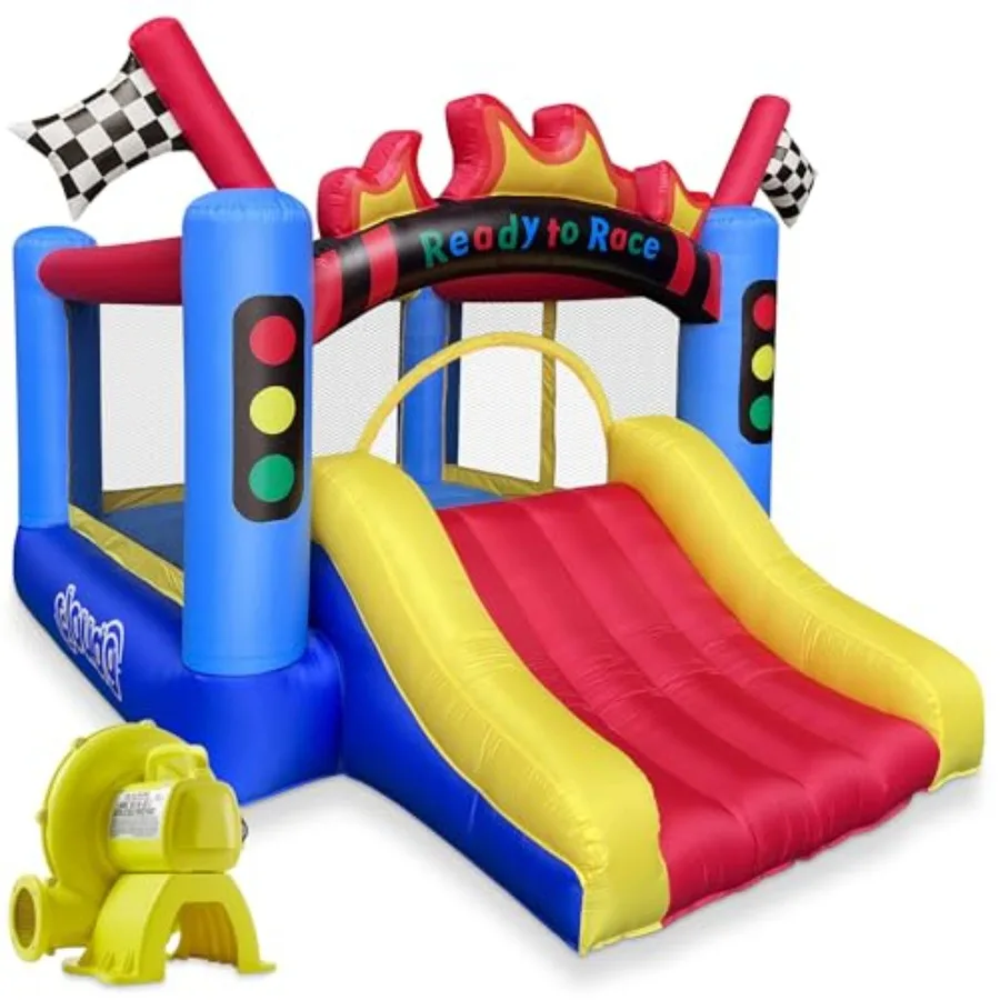 

Inflatable Bounce House and Blower, Race Car Track Theme Bouncer for with Slide and Large Jumping Area