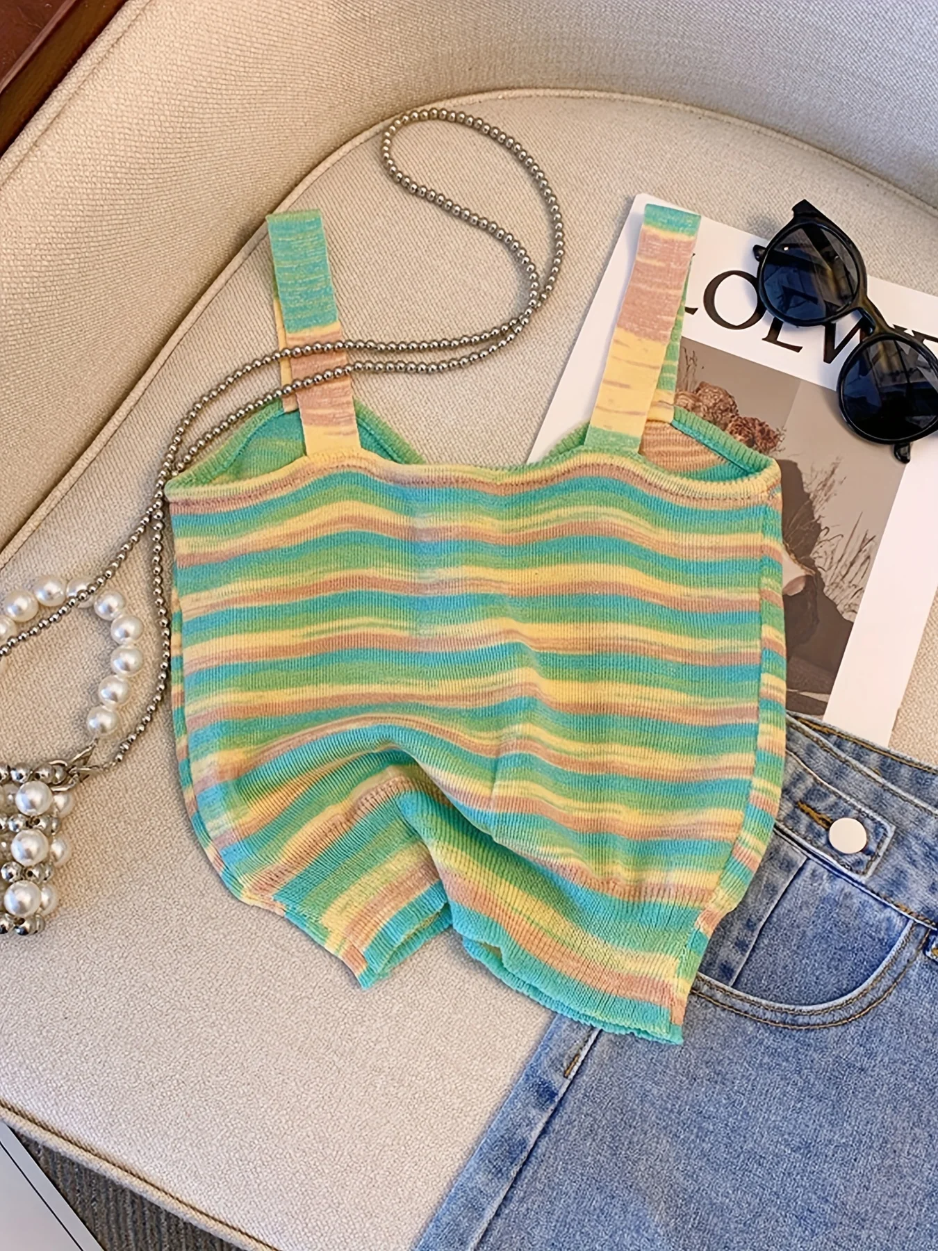 2024 New Summer Rainbow Striped Cami Top Buttons Casual Sweetheart Neck Sleeveless Top Women\'s Clothing