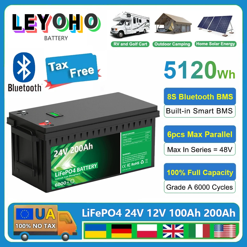 LiFePO4 24V 200Ah 5120Wh Battery Bluetooth 8S 200A BMS 6000+ Cycles 12V 100Ah 200Ah 280Ah Home Lithium Battery Pack EU UA NO TAX