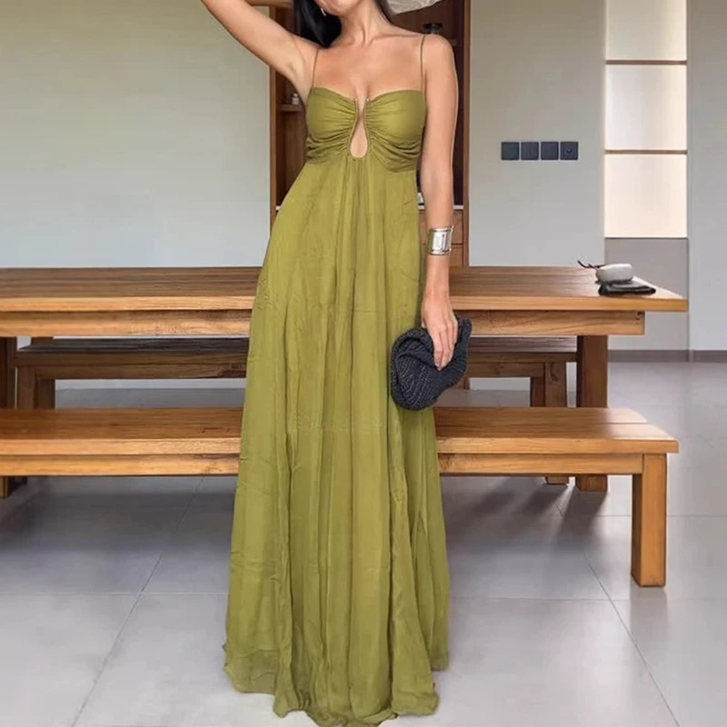 แฟชั่นจีบหลวมชุดสลิง Elegant U-คอปิดไหล่ชุดยาวผู้หญิงเซ็กซี่ Hollow OUT Solid Swing PARTY DRESS