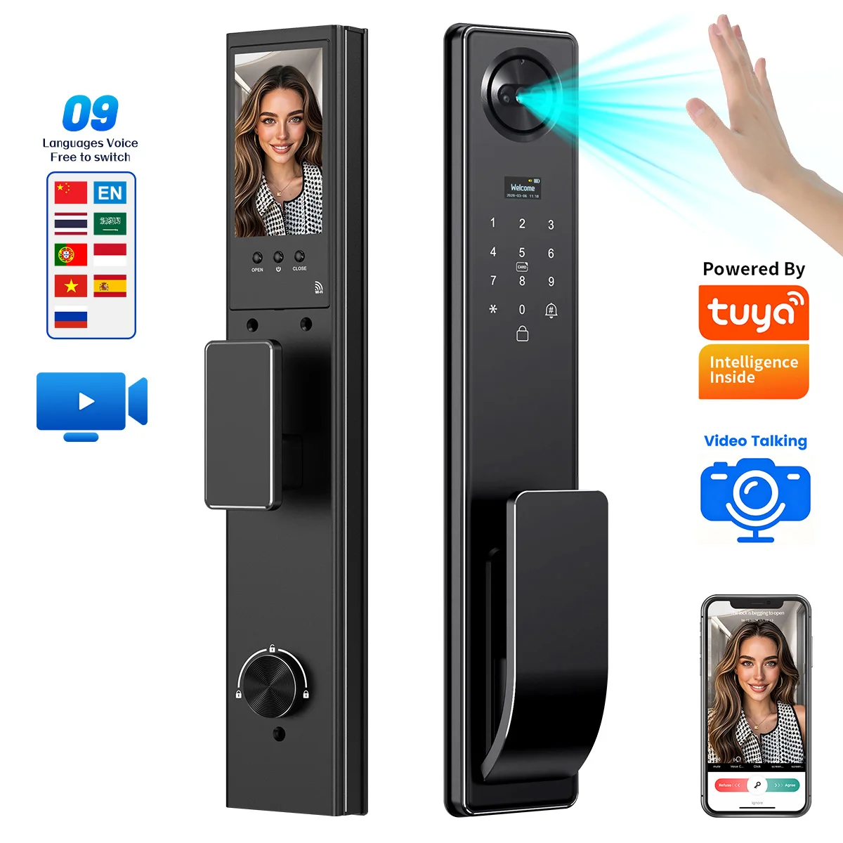 Smart WiFi Door Lock With Video Call Function, Palm & Facial Authentication Digital Lock Compatible with Tuya App