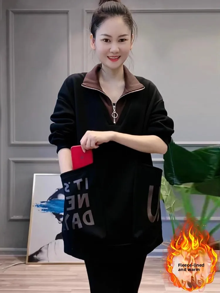 Damska bluza z kapturem na zamek, luźna, w stylu lazy, średniej długości, z nadrukiem, idealna na jesień i zimę.