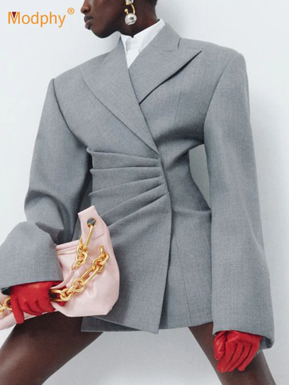 

Костюм Modphy, блейзер, осень 2023, новинка со скрытыми пуговицами, серая, темпераментная, универсальная, плиссированная, с завязкой на талии, куртка для женщин, пальто