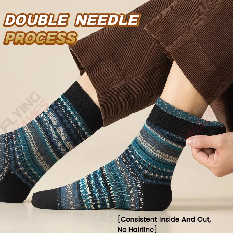 2 pairs Retro Ethnic Style Men’S Bohemian Crew Socks Thick Warm Cotton Winter Socks Cozy & Stylish Gift Idea Fall Socks