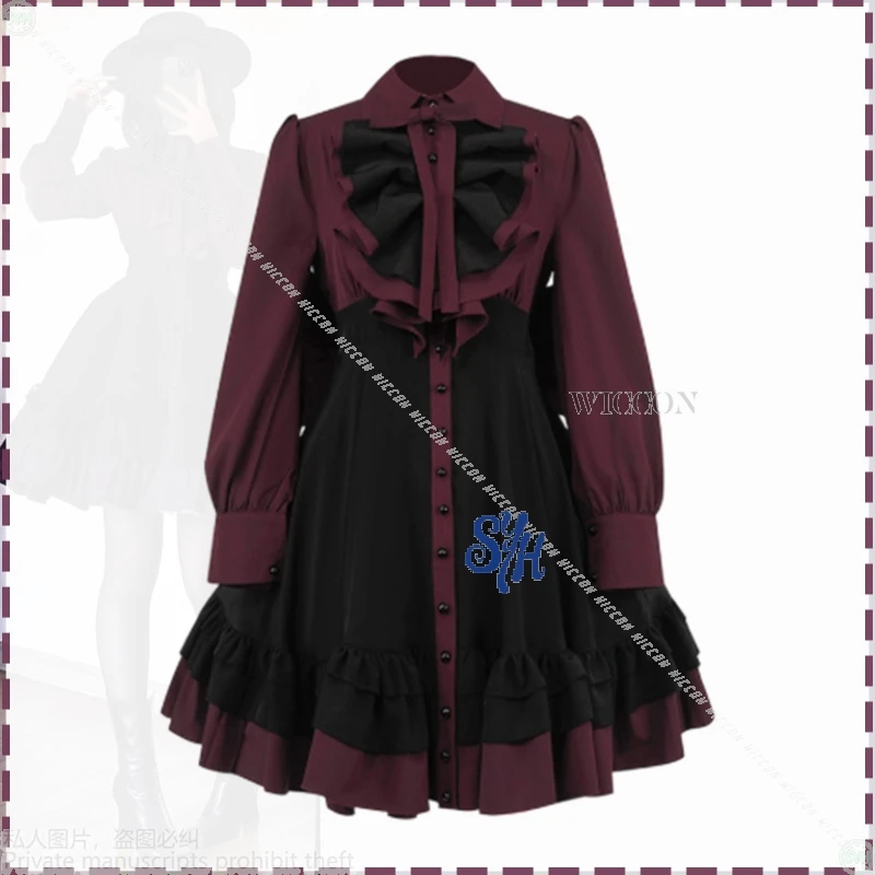 أحمر داكن أسود القوطية القوس كعكة فستان أنيمي اليابانية جيراي كي الفتيات تأثيري Kawaii الحلو لوليتا خادمة هالوين البدلة