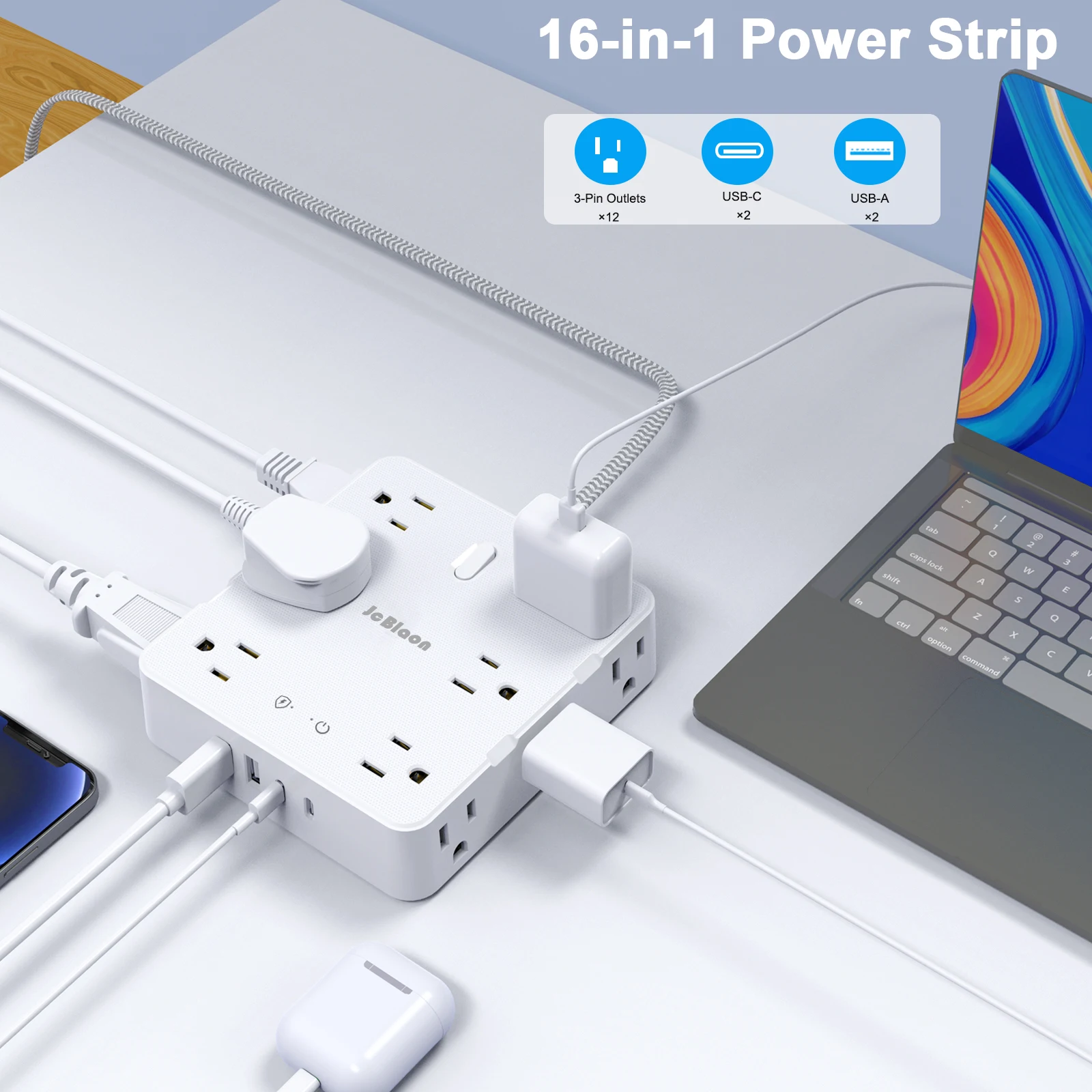 Multi Tap Power Strip US Plug - 12 AC Outlets 4 USB Ports 5ft Extension Cord Electrical Socket Network Filter for Home Office