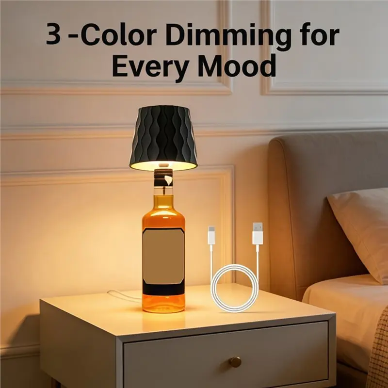 A19F-USB Rechargeable Wine Bottle Nightlight, Desktop Decorative Lights In Three-Tones, Nordic Style Lighting For Bars