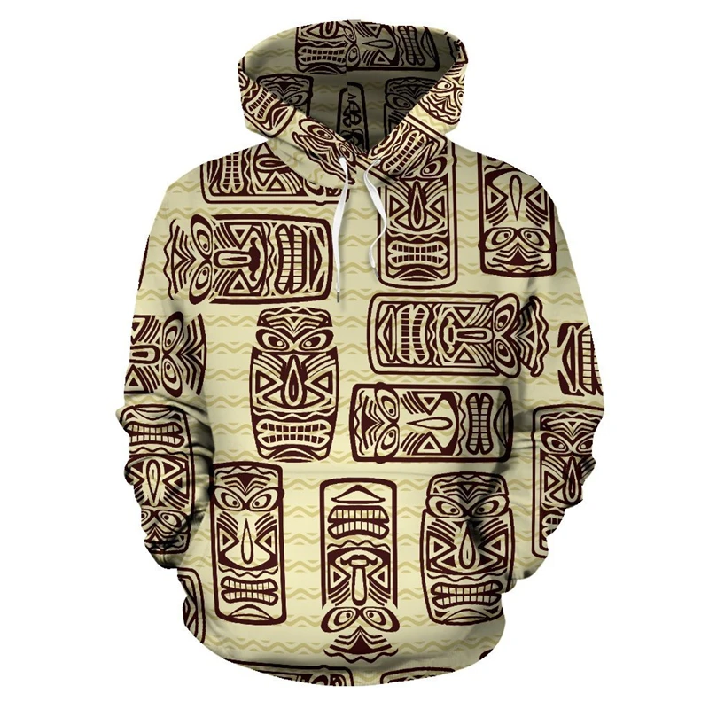 Polynesian Tiki Statue Men's Hoodie Funny Wood Carving Long Sleeve Sweatshirt Hawaii Coconut Tree Casual Fashion Hoodies Coat