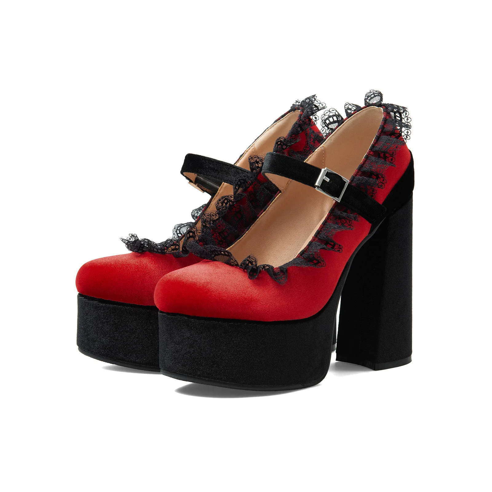 Red Velvet Black Lace Trim Platform Mary Jane Pumps Buckle Strap Chunky Heel Gothic Lolita Women Cosplay Party Fashion Shoes
