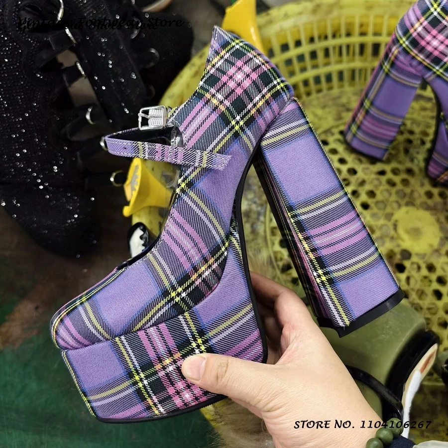 Purple Plaid Platform Mary Janes Shoes Round Toe Chunky Heels Plus Size Pumps Women's Spring Autumn Buckle Strap Lolita Shoes
