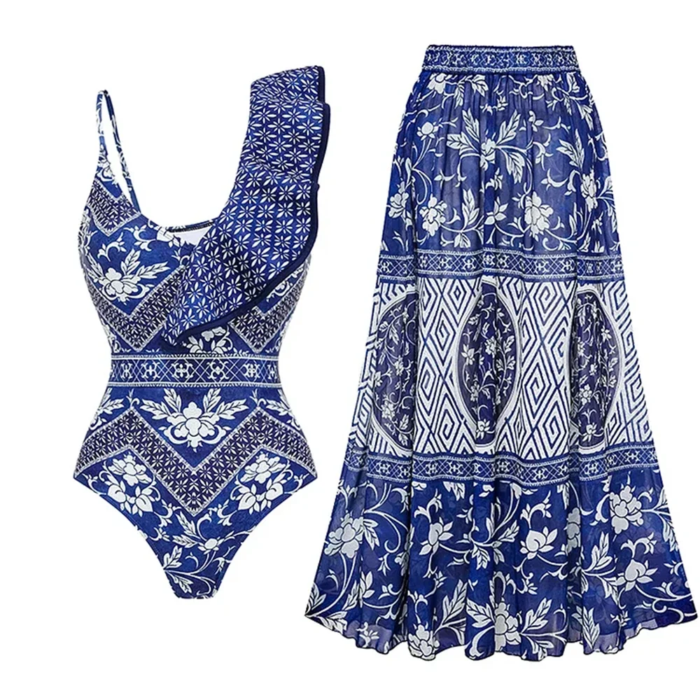 2024 nuevo traje de baño de gama alta diseño de nicho 2 uds estampado Floral volantes adelgazamiento vacaciones Sexy primavera caliente traje de baño de una pieza para mujer
