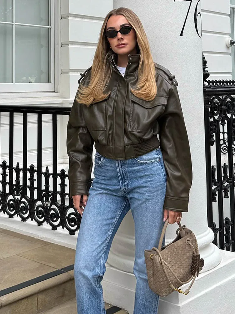 

2025 Autumn Female Cropped Faux Leather Jacket Vintage Streetwear Coat Ladies Long Sleeve Zipper Outerwear Turn Down Collar