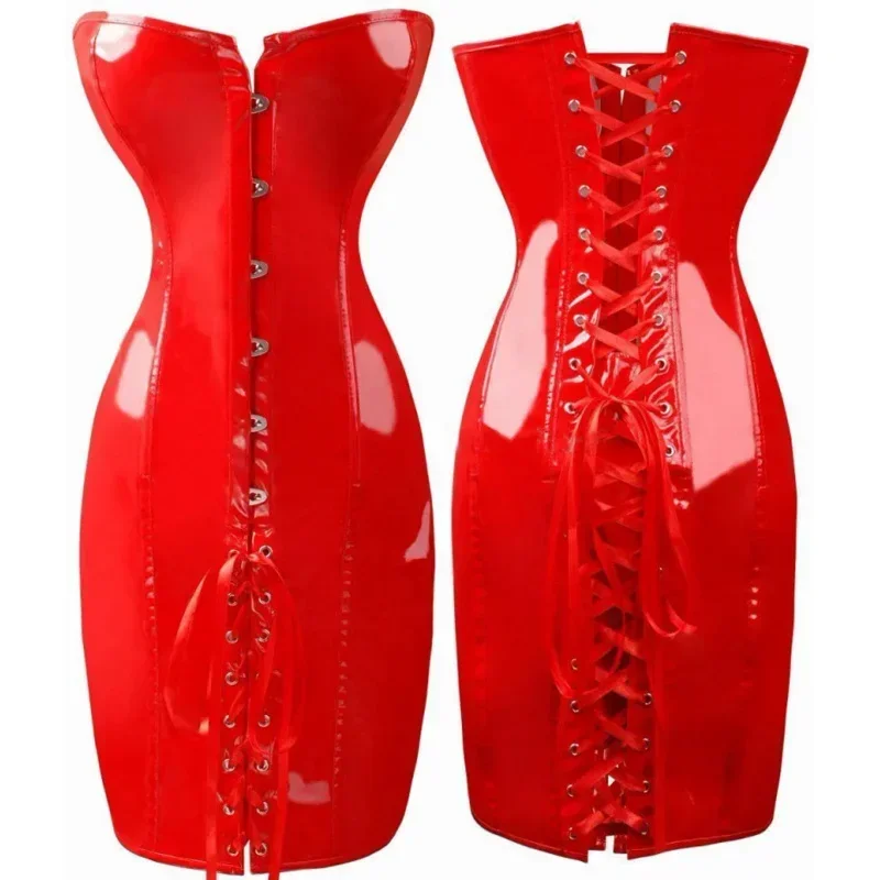 Good Quality Black Red Red Gothic Wetlook Vinyl Pvc Dress Sexy Women Body Slim Corset Dress Nightclub Ds Faux Leather Dresses