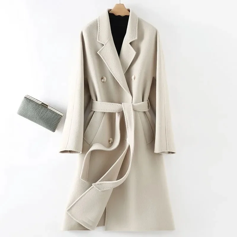 

2025 new women's wool blend lapel with belt double breasted woolen coat coat women's trench coat