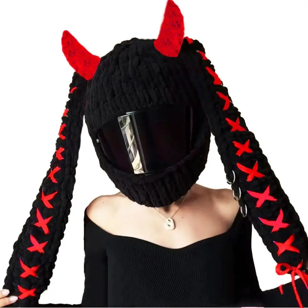 Edgy-Cute Demon Bunny Ear Motorcycle Helmet Cover Eco-Friendly Organic Cotton Unisex Zero-Pollution Fashion Accessory