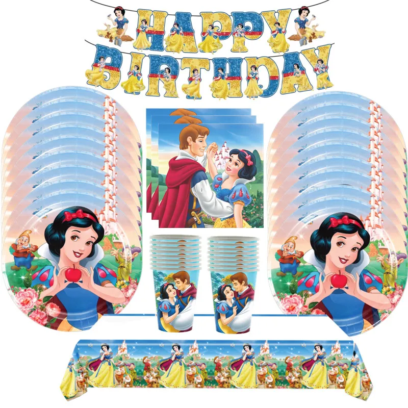 Snow White Birthday Party Set Cup Plate Napkins Tablecloth Cake Topper Balloons Disposable Tableware Baby Shower Supplies