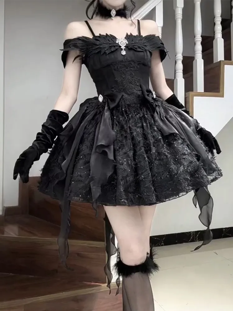 

A cute and sweet black ballet-style dress with long tail