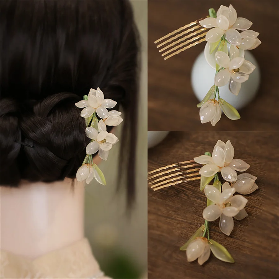 Floral Hair Comb Chinese Hanfu Hair Accessories For Women Green Flower Alloy Hairpin Hair Clips Vintage Girls Headwear Jewelry