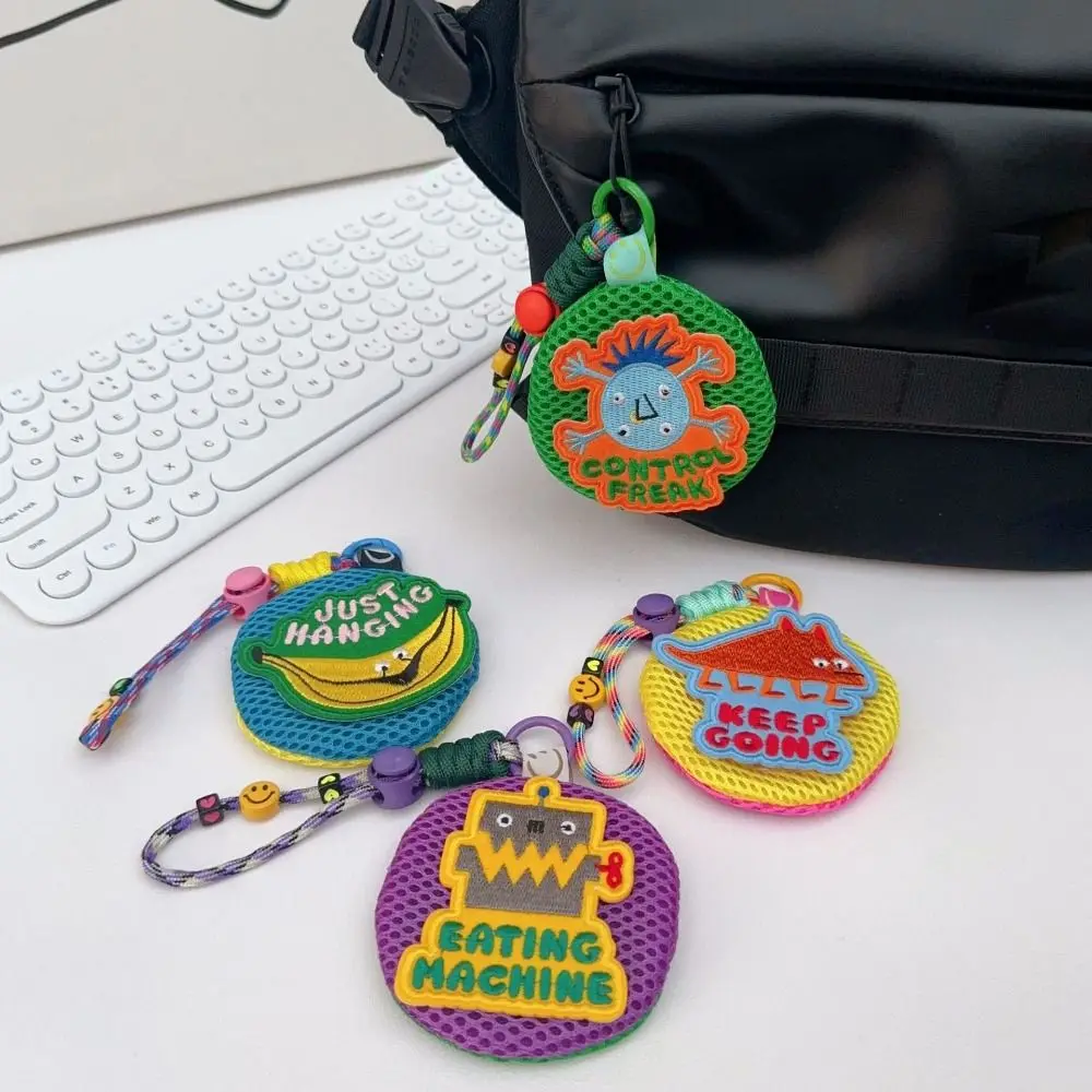 

Portable Small Mesh Pouch Keychain Breathable Buckle Closure Headphones Organizer Round Cartoon Pattern
