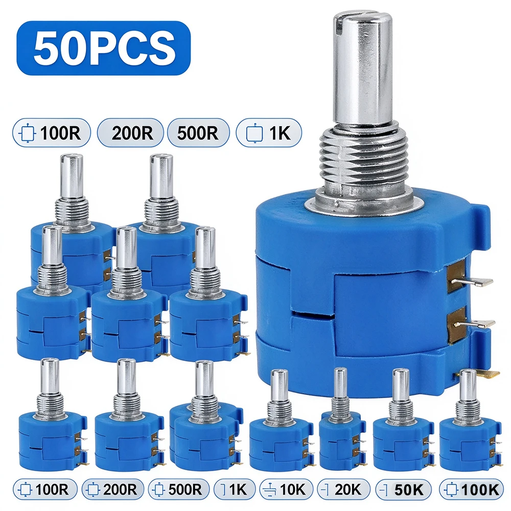 50PCS 3590S Precision Multiturn Adjustable Potentiometer 100R 200R 500R 1K 10K 20K 50K 100K ohm Dial Potentiometer Knob